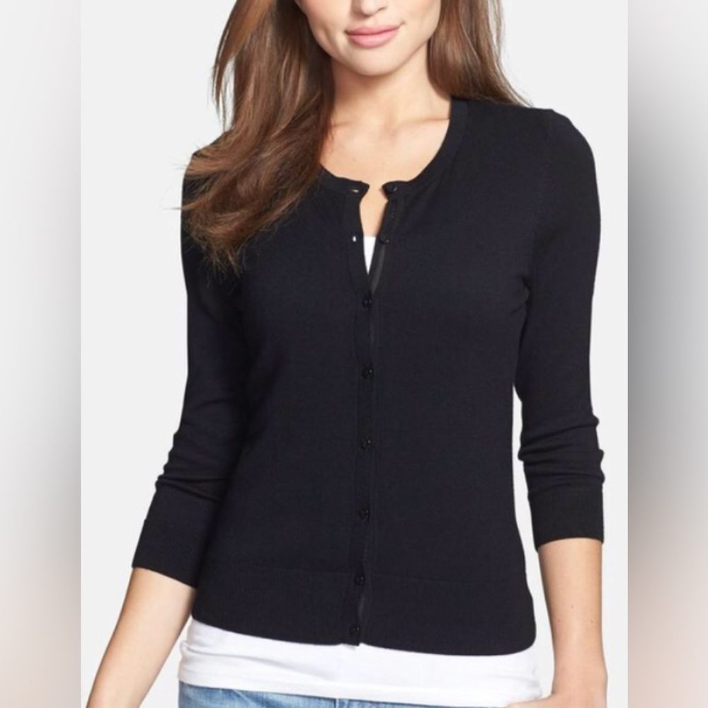 Halogen Three Quarter Sleeve Crewneck Cardigan in Black Size Large